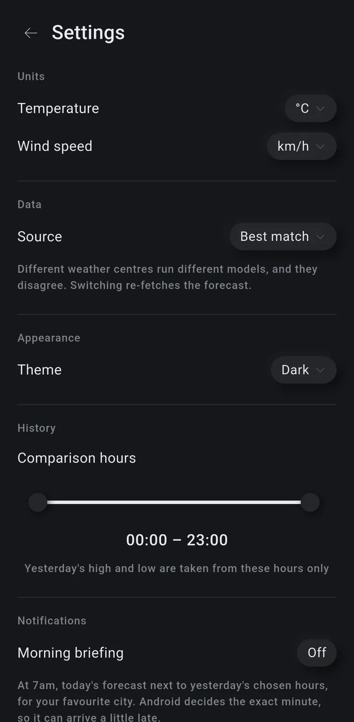 ROOZ settings for source, units, theme, history, and notifications